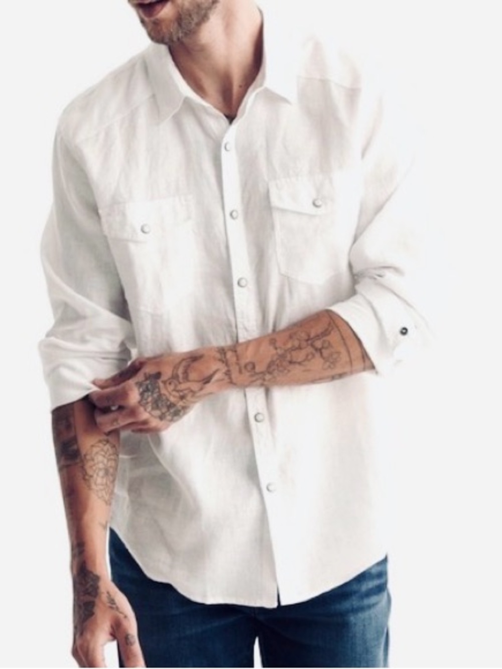 Michael Kors Off-White Tailored Fit Long Sleeve Button Down Linen Utility Shirt